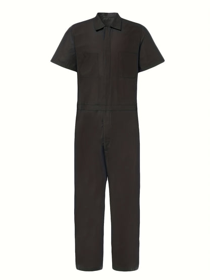 Men's Plus Size Short Sleeve Coverall Jumpsuit, Four-Way Stretch Fabric, Rolled Short Sleeves, Stand-Up Collar Half-Open Placket, Multi-Pocket Design, Industrial/Utility Style Casual Workwear, Effortlessly Shaping a Men's Casual and Trendy Look