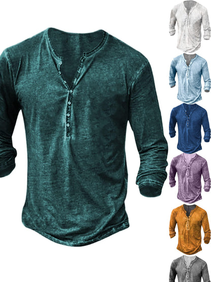 Men'S Distressed Henley Shirts with Front Placket, Retro Long Sleeve T-Shirts, Casual Button- Washed T-Shirts for Men