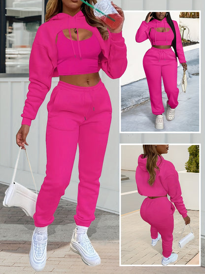 Women'S 3pcs Sweatsuits Sets Sexy Super Cropped Hoodie Tank Top And High Waisted Jogger Sweatpants Matching Loungewear Athleisure Outfits