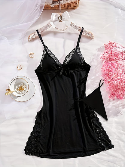 [Lace Nightdress 3pcs] 3pcs Of Women's Solid Lace Nightdress, Lace Panels, Skirt Side Slits, Sexy Lace Home Nightdress