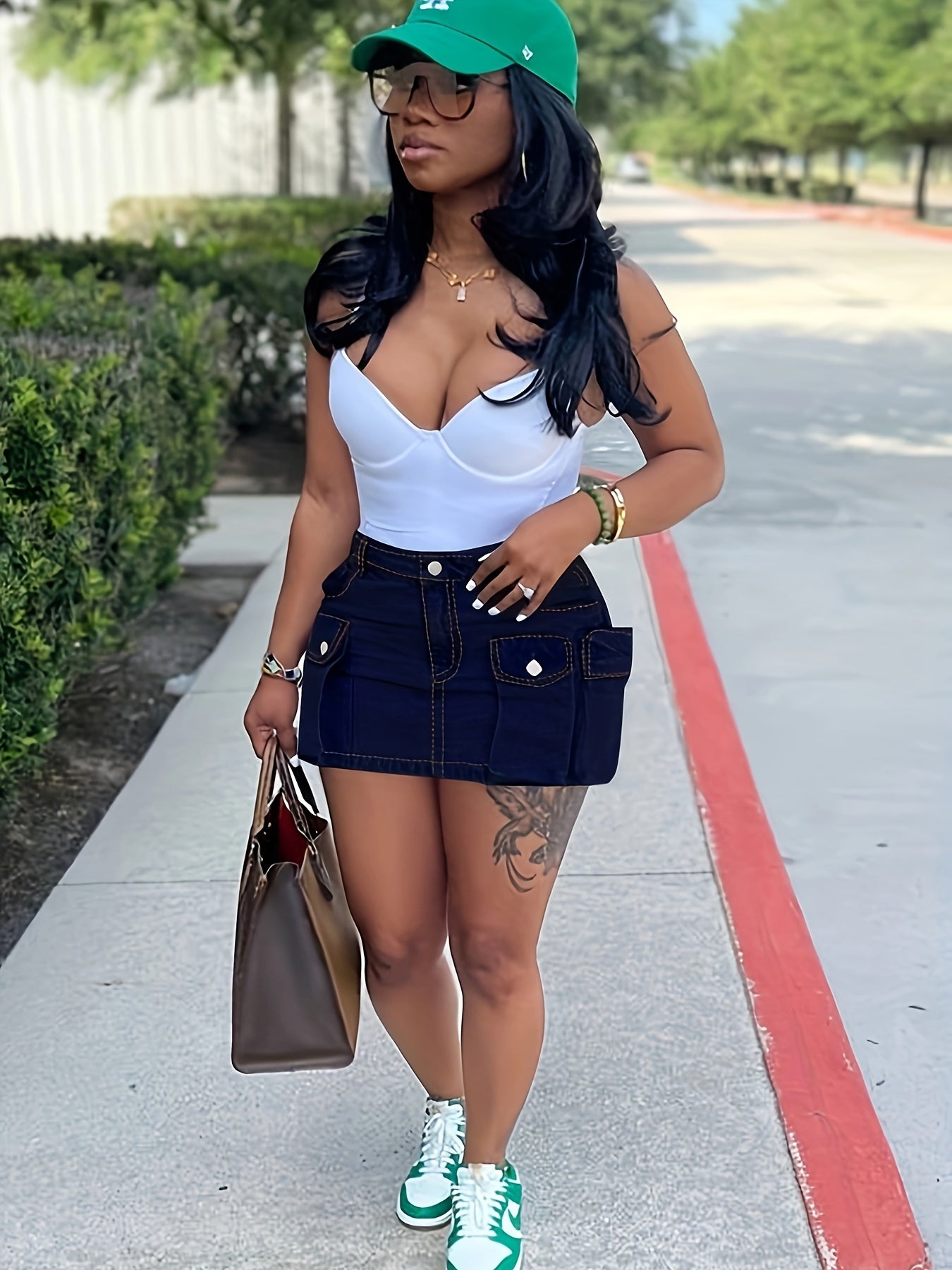 Women's Cute Button Bodycon Low Waist Mini Cargo Denim Skirt With Pocket