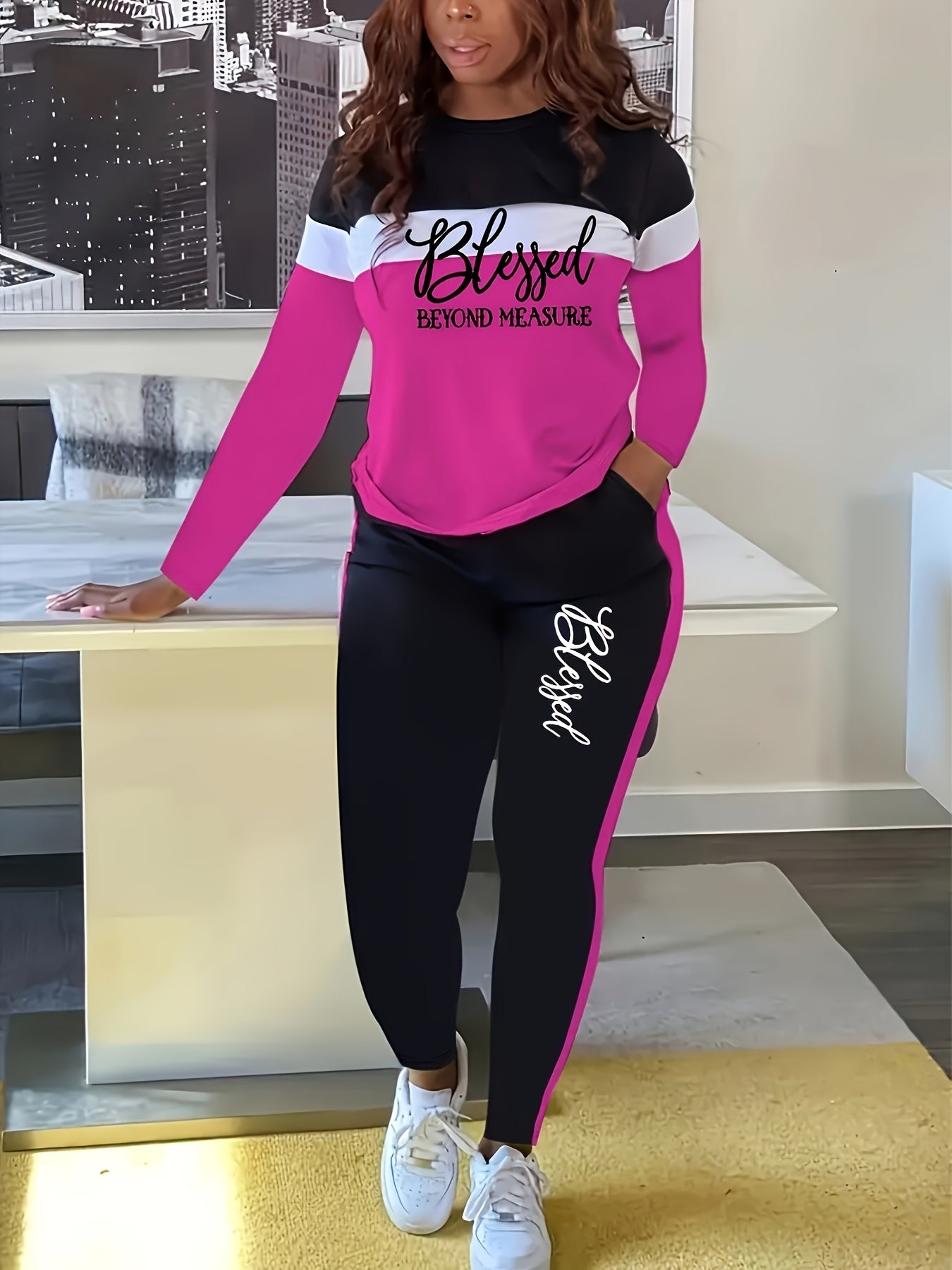 Ladies' Blessing Printed Casual Two-piece Set, Contrast Color Crew Neck Long Sleeve Top And Pants Suit