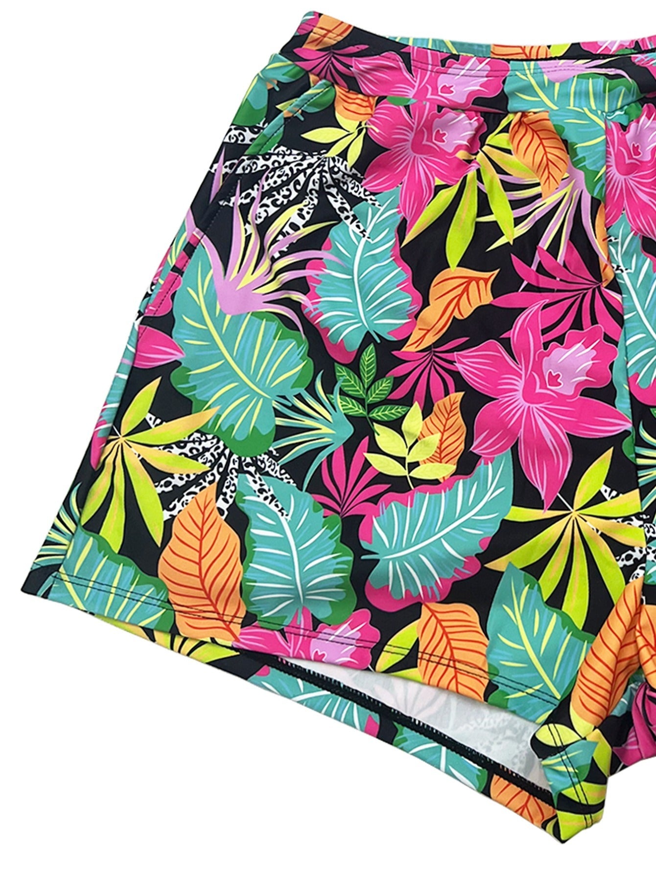 Women's Large-sized Design-inspired Tankini 2pcs Swimsuit Set, with Crossed Pleated Ruffled Skirt at the Front, Square-neck Striped Top Paired with Flat-leg Tropical Print Shorts. Ideal for Beach and Resort Holiday Parties.