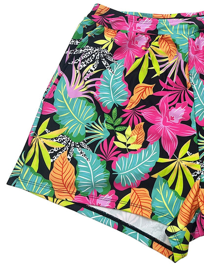 Women's Large-sized Design-inspired Tankini 2pcs Swimsuit Set, with Crossed Pleated Ruffled Skirt at the Front, Square-neck Striped Top Paired with Flat-leg Tropical Print Shorts. Ideal for Beach and Resort Holiday Parties.