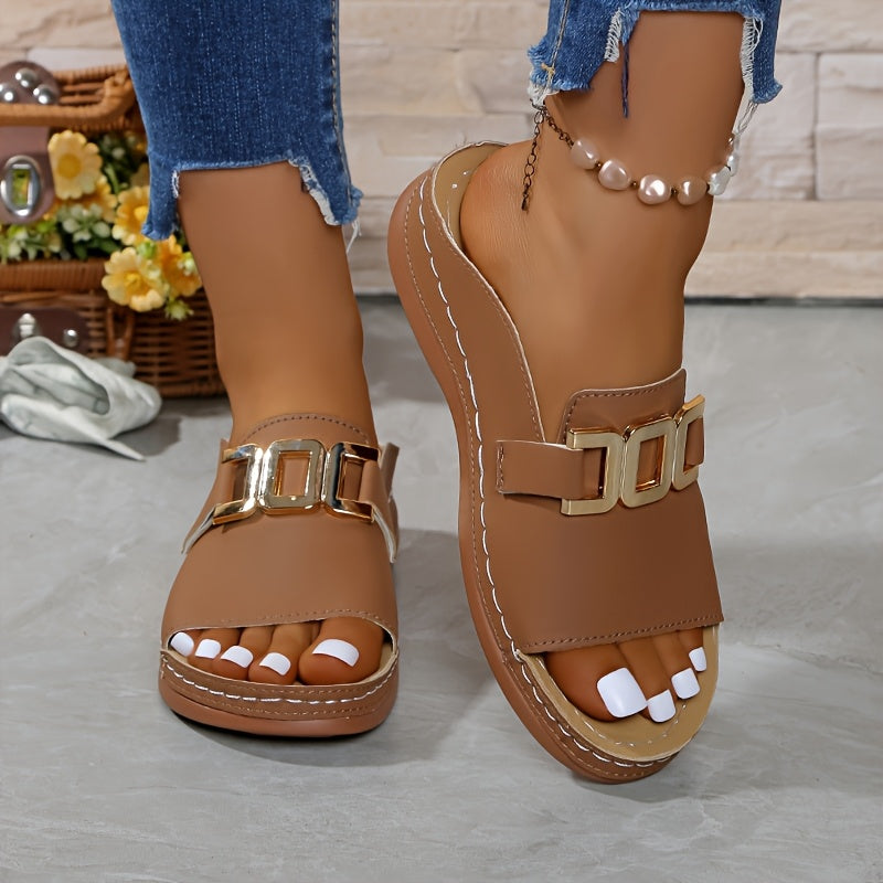 New Model of Women'S Casual, Stylish, Large-Buttoned, Wedge-Heeled Sandals., Women Shoes