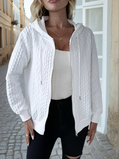 Women'S Casual Solid Zip-Up Hoodie - Fashionable Fall/Winter Long-Sleeve Outerwear, White Bomber Design, Textured Details, Casual Hoodie | Fashionable Zip-Up | Textured Detail Jacket