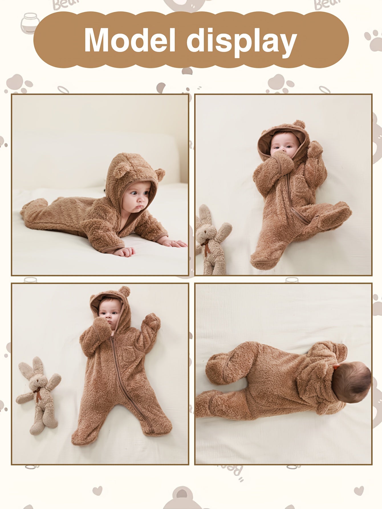 Newborn Baby Outfit Suit Bear Onesie Fold-Over Mittens Footies Girls Boys Winter Fleece Clothes Hooded Jumpsuit Romper