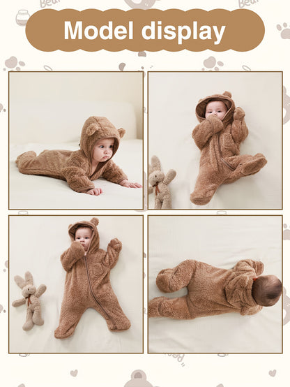 Newborn Baby Outfit Suit Bear Onesie Fold-Over Mittens Footies Girls Boys Winter Fleece Clothes Hooded Jumpsuit Romper