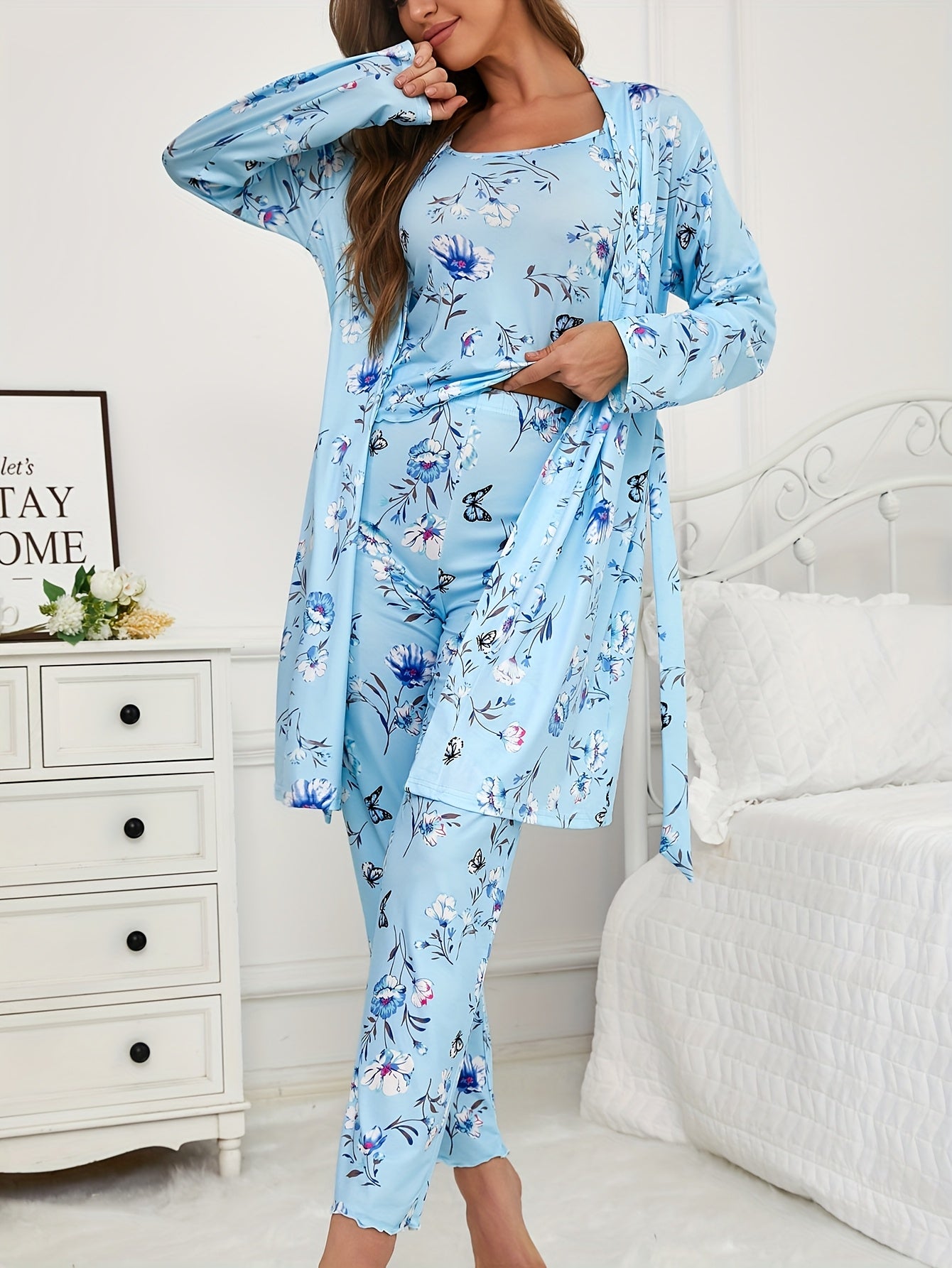 3pcs Floral And Butterfly Print Pajama Set - Long Sleeve Belted Robe & Cami Top & Pants Lounge For All Seasons