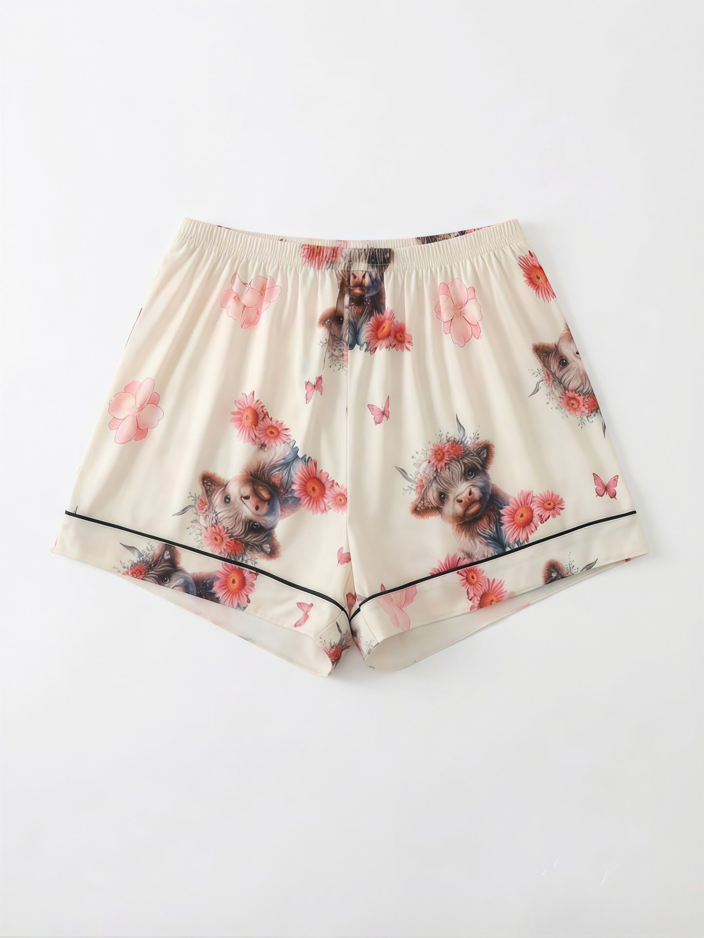 [3pcs Women's Pajama Set] 3pcs Casual Women's Pajama Set | Features A Lapel Collar, Short-sleeved Top with Button Closure, Paired with Shorts And Long Pants, Adorned with Floral And Cow Patterns. Comfortable Loungewear Suitable for All Seasons