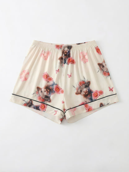[3pcs Women's Pajama Set] 3pcs Casual Women's Pajama Set | Features A Lapel Collar, Short-sleeved Top with Button Closure, Paired with Shorts And Long Pants, Adorned with Floral And Cow Patterns. Comfortable Loungewear Suitable for All Seasons