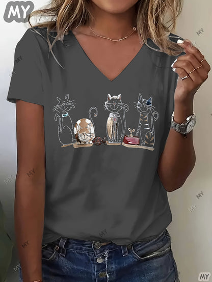 Women'S V-Neck T-Shirt, Standard Size, with Cute Cat Print Design, Suitable for Daily Life, Going Out, And Casual Wear, Making It The Best Gift for Friends And Family.