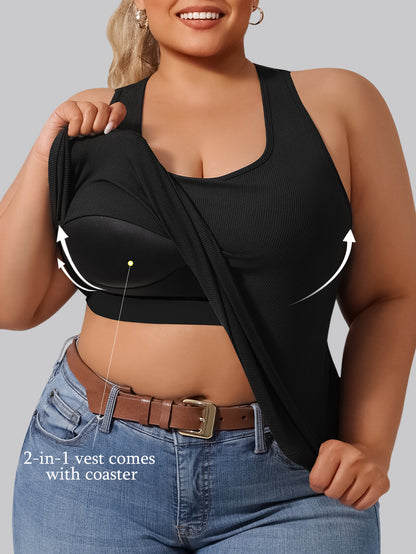Plus Size - Plus Size - Plus-Size Women'S Spring Summer Fall Vest 2-In-1 Vest with Coaster I-Back Rib Casual Base Vest