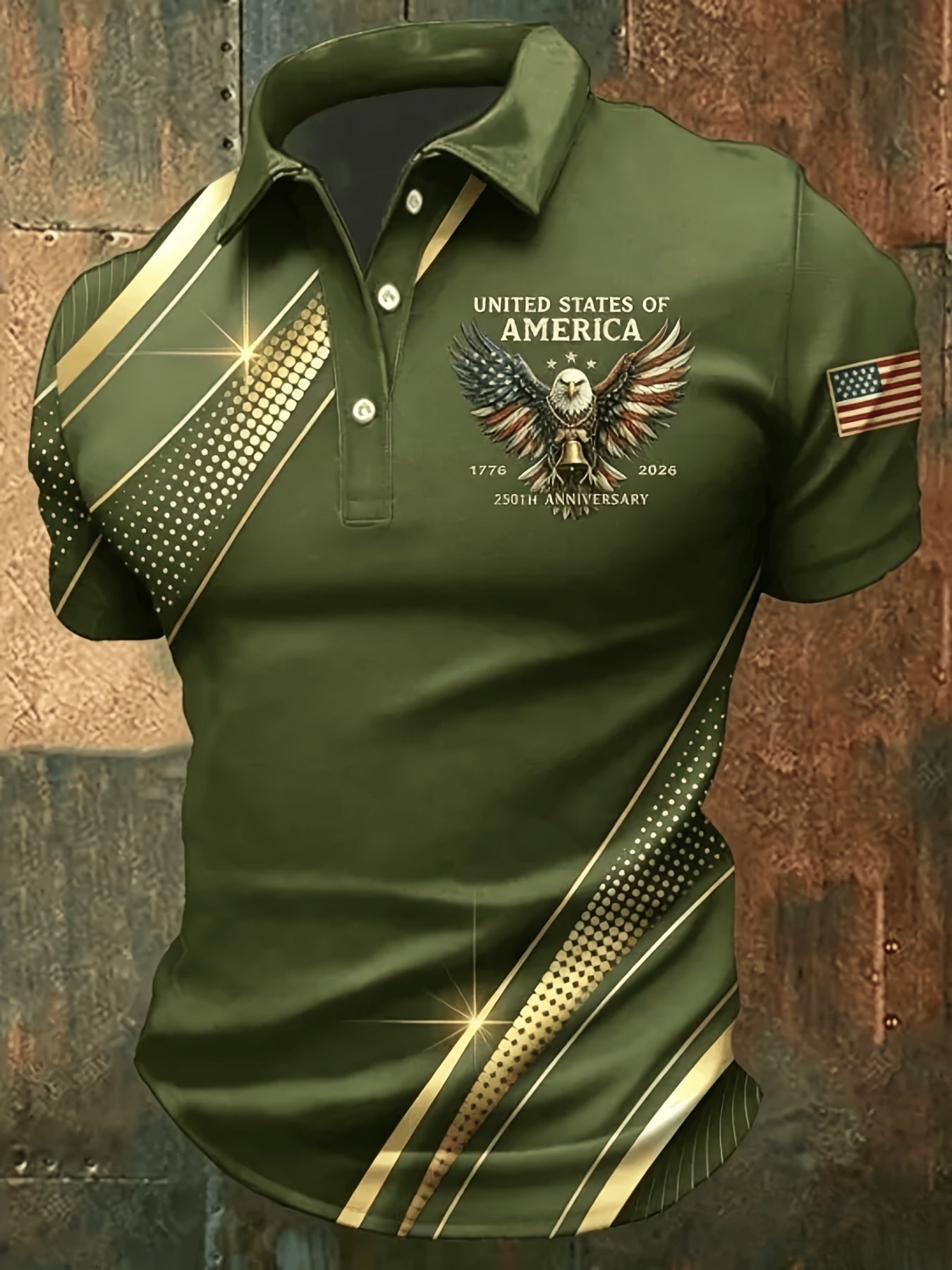 Plus-Size Men'S Summer Short-Sleeve Polo Shirt, Men'S T-Shirt, Men'S Top, American-Style Commemorative Flag Print Short-Sleeve, Golden Lines Eagle Print Design, Flag Sleeve Badge, Business Casual Short-Sleeve Top, Plus Size