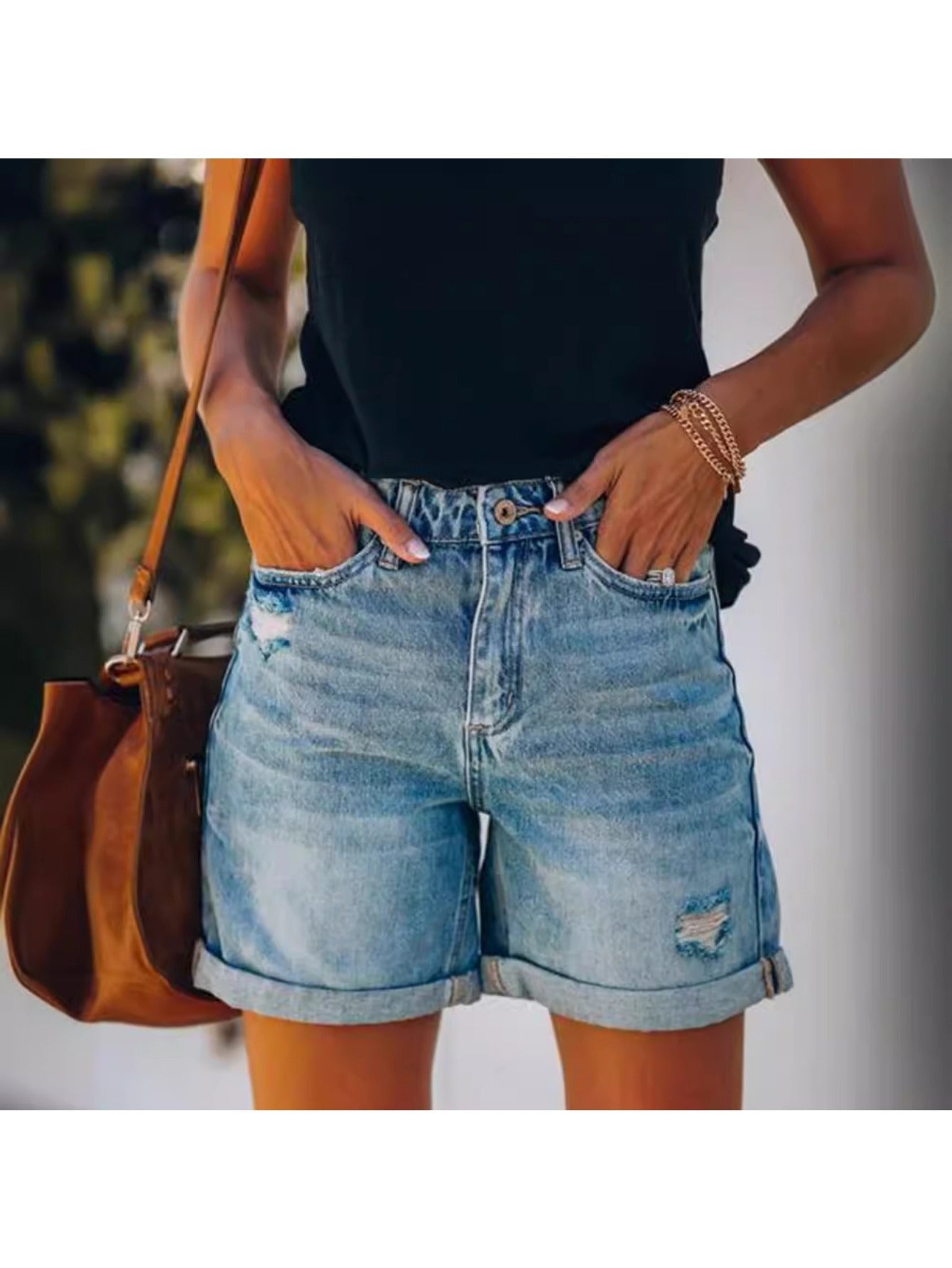 Women's Distressed Denim Shorts - Straight Leg, Light Wash with Rolled Hem & Cuffed Slash Pockets, Trendy Summer Streetwear, Casual & Versatile Fashion Essential, Jean Shorts