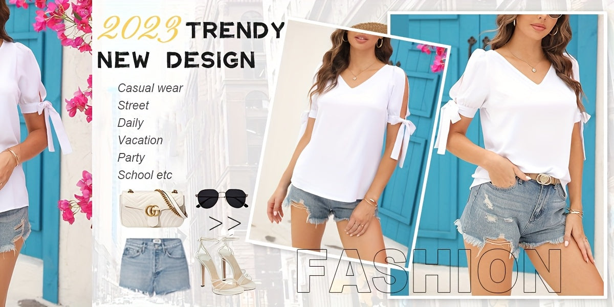 Women's Cold Shoulder Tops Short Sleeve V-Neck Casual Loose Cutout Summer Fashion Tshirts Blouse Shirts