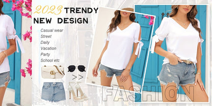 Women's Cold Shoulder Tops Short Sleeve V-Neck Casual Loose Cutout Summer Fashion Tshirts Blouse Shirts