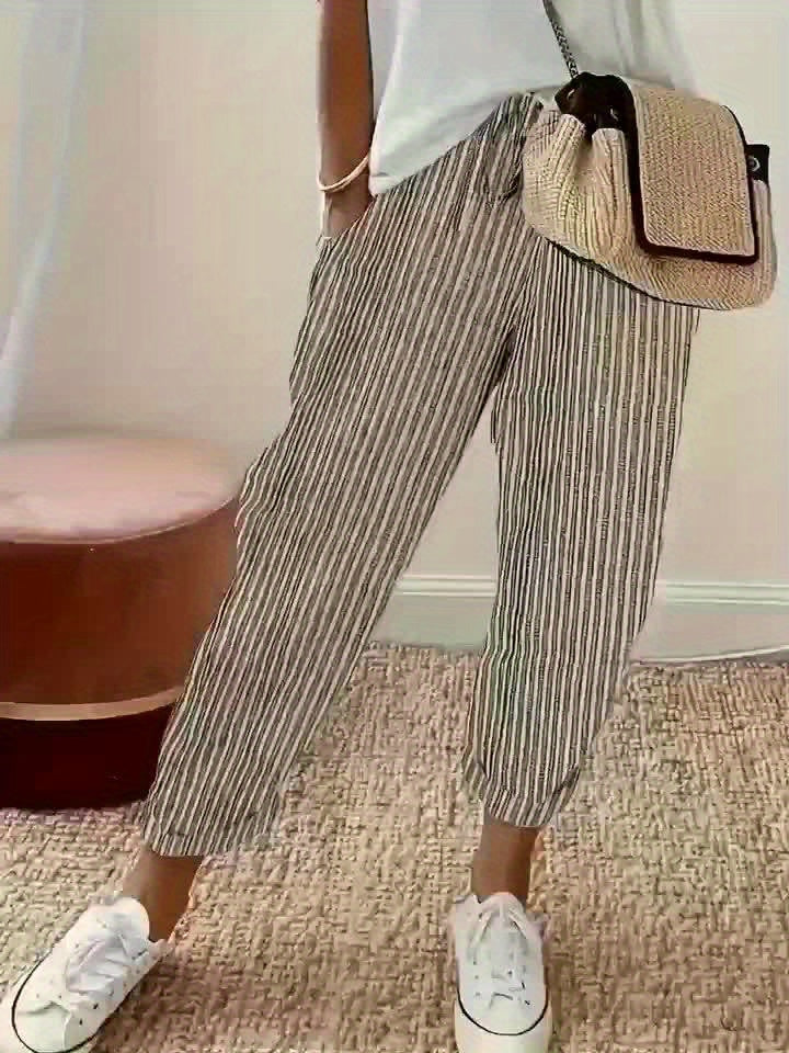 Women's High-Waisted Casual Wide Leg Pants - Lightweight Polyester, Machine Washable, All-Season Comfort with Side Stripe Detailing, 3/4 Length Relaxed Fit for Casual Attire, Comfy Pants, Versatile Wardrobe Staple, Stylish Stripe Detailing, Durable Constr