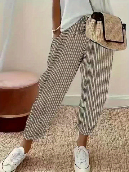 Women's High-Waisted Casual Wide Leg Pants - Lightweight Polyester, Machine Washable, All-Season Comfort with Side Stripe Detailing, 3/4 Length Relaxed Fit for Casual Attire, Comfy Pants, Versatile Wardrobe Staple, Stylish Stripe Detailing, Durable Constr