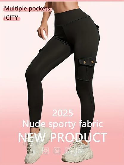 3-Pack Women'S High-Waisted Compression Leggings with Pockets, Suitable for All Seasons, Elastic Running And Sports Leggings, Button Design, Solid Colors (Black, Sky Blue, Gray, Pink, Red), Practical Flap Pockets, Comfortable Fabric
