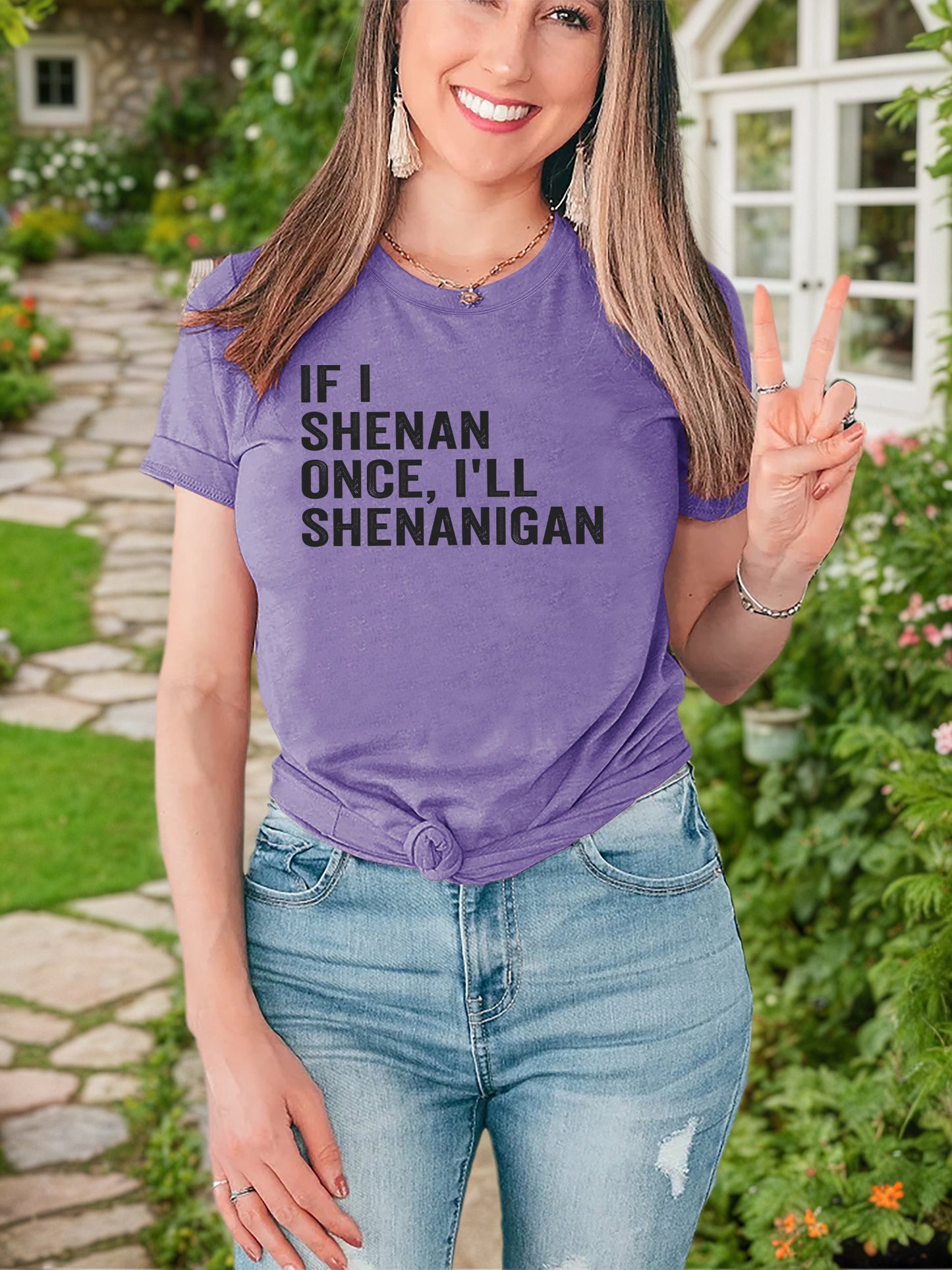Ladies' Casual Summer T-Shirt - Women'S Knotted Hem Design with Graphic Print 'If I Shenan Once, I'll Shenanigan', Round Neck, Comfortable Fit for Everyday Wear and Sports, Fashion Street Style Tee