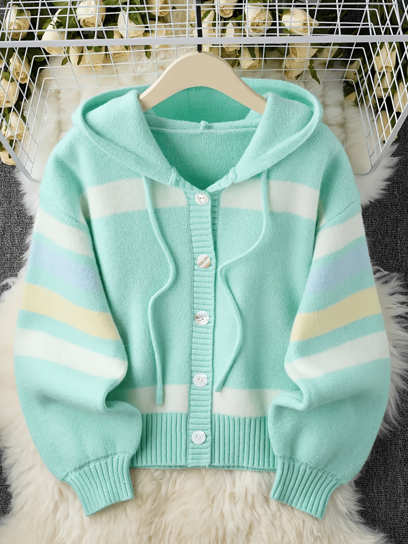 Hooded Cardigan with Rainbow Stripes, Women'S Standard Size Sweater, Soft And Comfy Loose-Fitting Sweater Jacket