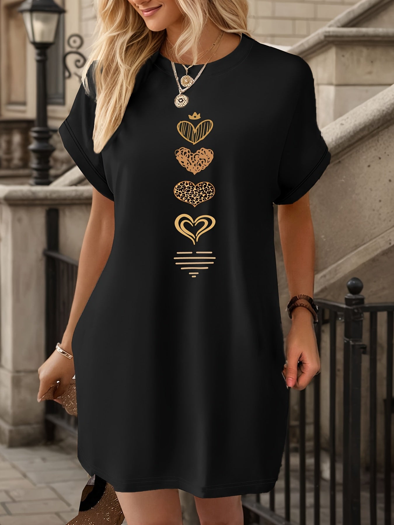 Women'S Spring Summer New Casual Heart Crown Leopard Print Pattern Round Neck T-Shirt Dress, Spring Summer Casual Short Sleeve Dress, Women'S Clothing, Short Sleeve Shirt, Pullover, Fashion Trendy Dress, Nightdress, Loungewear, T-Shirt, Gift Choice