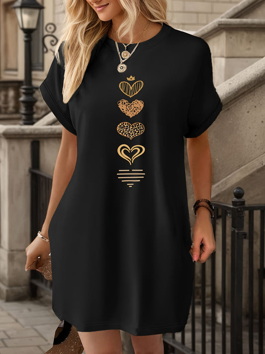 Women'S Spring Summer New Casual Heart Crown Leopard Print Pattern Round Neck T-Shirt Dress, Spring Summer Casual Short Sleeve Dress, Women'S Clothing, Short Sleeve Shirt, Pullover, Fashion Trendy Dress, Nightdress, Loungewear, T-Shirt, Gift Choice