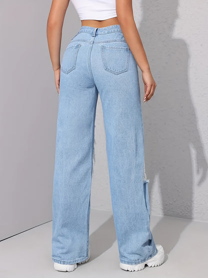 [High-Waist Graffiti Jeans] Women's High-Waist Straight-Leg Jeans with Graffiti Print And Ripped Detail - Light Blue Denim, Cartoon Design, Machine Washable, Casual Streetwear Style