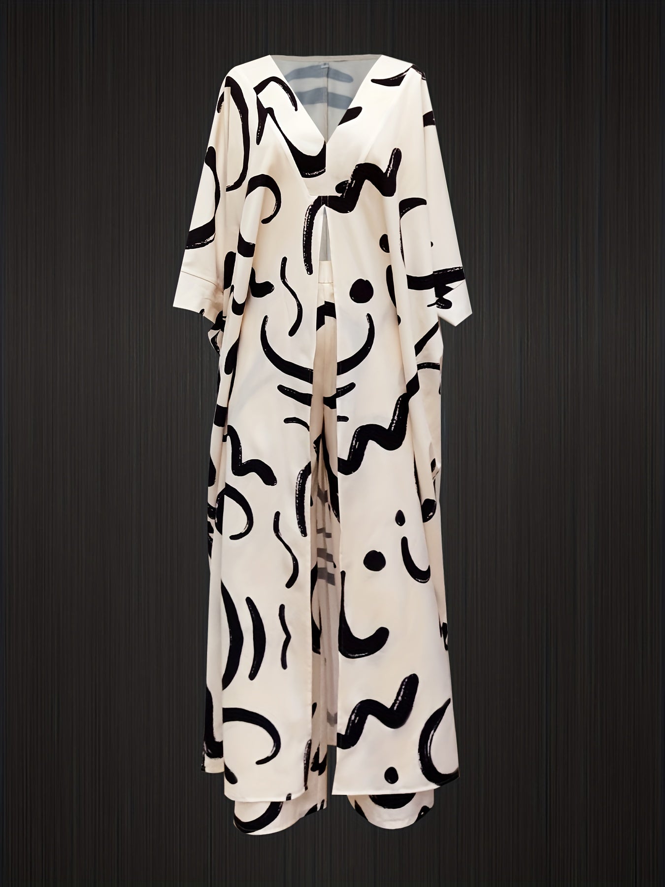 Printed Women'S Dress Set with V-Neck Loose Seven-Sleeve Long Shirt And Drawstring Pants
