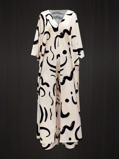 Printed Women'S Dress Set with V-Neck Loose Seven-Sleeve Long Shirt And Drawstring Pants