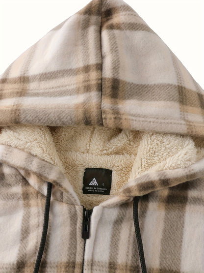 Men's Heavyweight Sweater Hooded Jacket - Full Zip Thick Snow Mountain Lined Flannel Plaid Shirt with Pockets, Casual Style, Perfect for Autumn and Winter, Hooded Collar, Regular Fit, Plaid Pattern, Men's Jacket