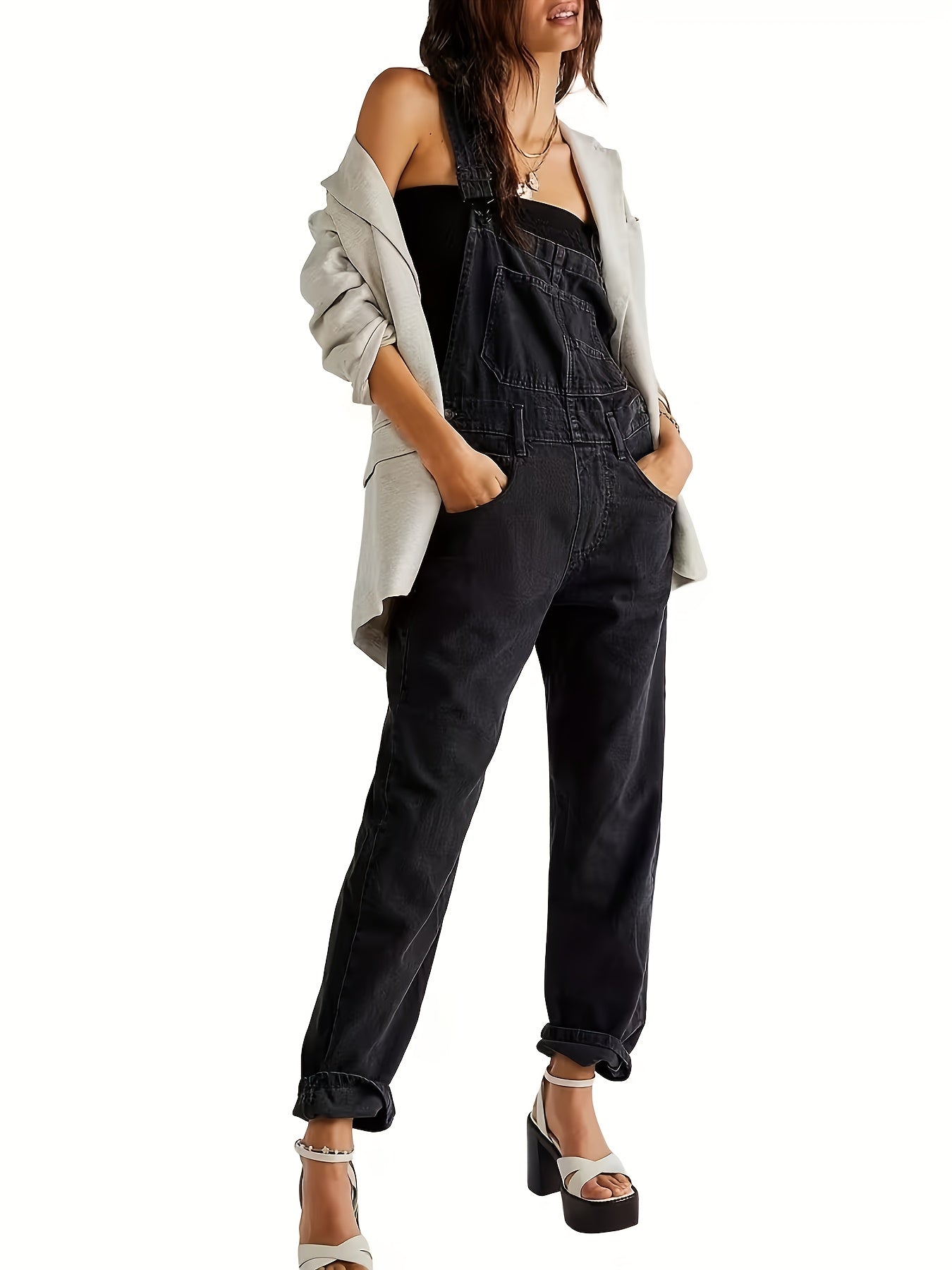 Women's Loose-fitting Straight-leg Denim Overalls Jumpsuit - Wide-leg Casual Style with Pockets, Machine Washable for Spring, Summer, And Autumn, Sizes S-XXL