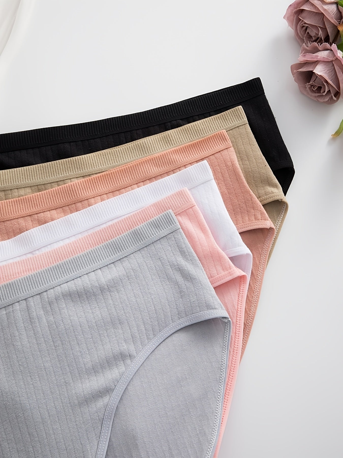 6pcs, Ribbed Underwear, Random Color, Women's Comfortable Breathable Triangle Panties, Soft And Simple Mid-Waist Thong, Maternity Clothes Women