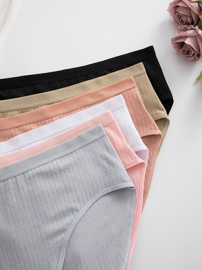 6pcs, Ribbed Underwear, Random Color, Women's Comfortable Breathable Triangle Panties, Soft And Simple Mid-Waist Thong, Maternity Clothes Women
