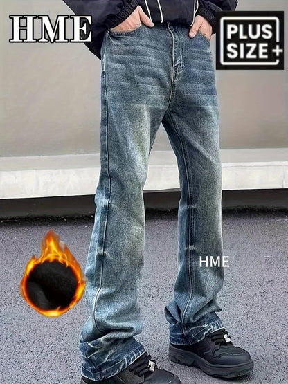 [HME] New Thickened Men'S Jeans for Autumn And Winter, with Inner Fleece for Strong Warmth Retention, Mid-Waist Elastic And Form-Fitting Flared Pants, Retro Washed And Naturally Polished White, Fashionable Men'S Denim Trousers for Warm Winter Wear