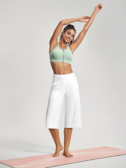 18'' Women's High-Waisted Wide Leg Yoga Capri Pants with Elastic Waist - Loose Comfortable Stretchable Soft Pants Suitable for Yoga, Workout, Casual & for Business Occasions - Spring Summer Fall Wearable with Practical Pockets (No Needed)