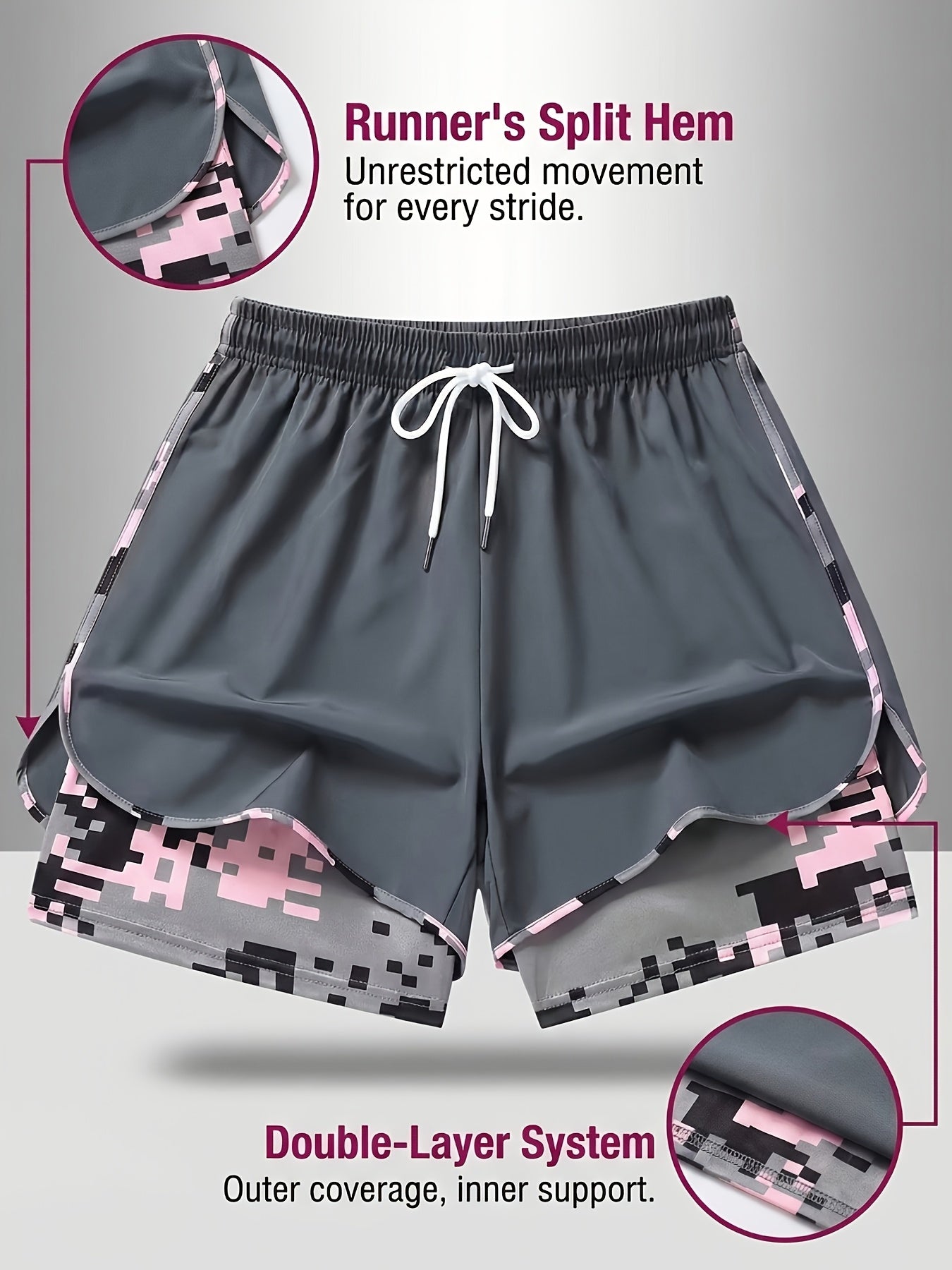 Three Pairs Of Women'S Summer Shorts, Double-layered, Two-in-one Design With Camouflage Pattern, Breathable And Quick-drying, Side Mesh Pockets, Non-stretch Fabric, Regular Fit, Side Pockets, And Casual Style, Free Bracelet Included.
