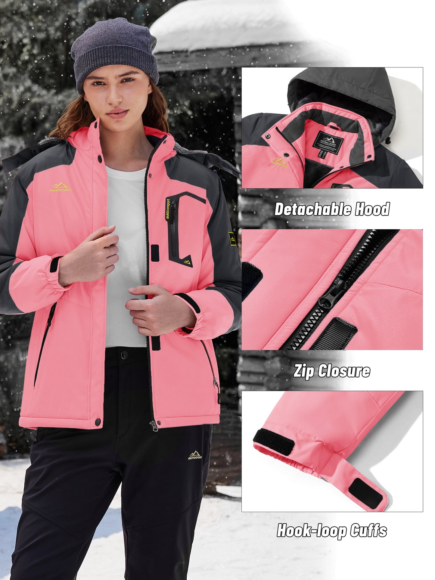 Winter Jacket for Women - Women's Ski Snowboard Jacket Thermal Fleece High Quality Insulated Snow Jacket Casual Work Jacket Outdoor Sports Coat Windbreaker Parka 4 Pockets Camping Snow Jacket Windproof Hood Warm Winter Hiking Fleece Lined Jacket