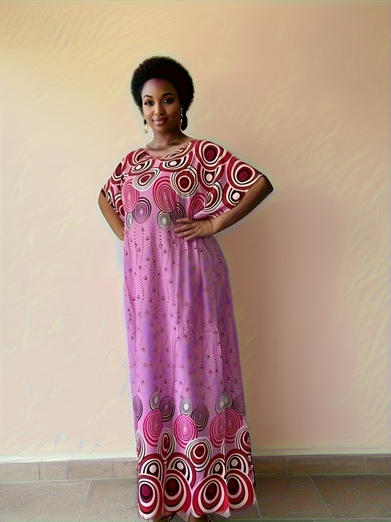 Geo Print Boat Neck Loose Dress, Elegant Batwing Sleeve Maxi Cover Up Dress, Women'S Clothing