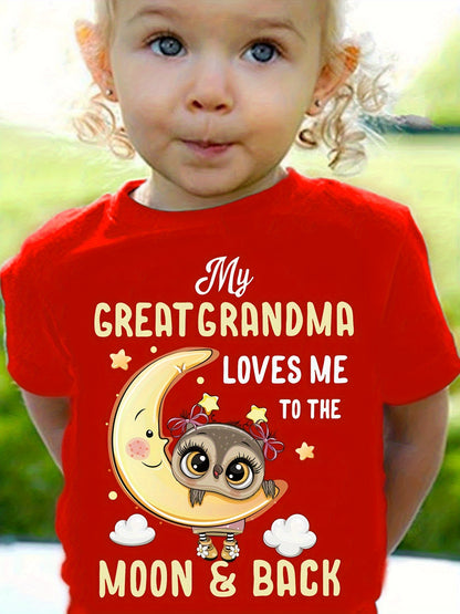 Girls "I Love My Great Grandma to the Moon and Back" Pink Cartoon Print 100% Cotton Short Sleeve T-shirt, Comfy Casual Tees for Girls Summer