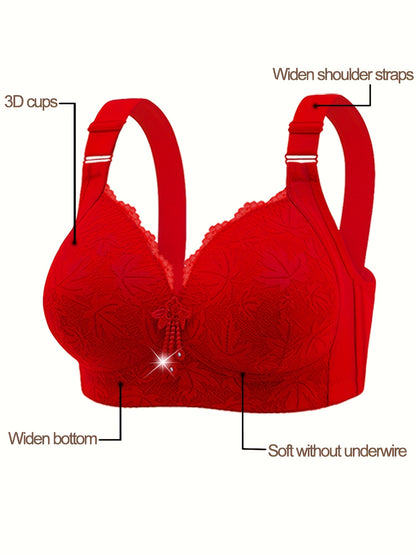 5pcs Pink Lace Full-Cup Wire-Free Bras - Medium Support, Comfortable Wide Straps, Leaf Pattern Embroidery & Elegant Rhinestone Accents, Adjustable Straps