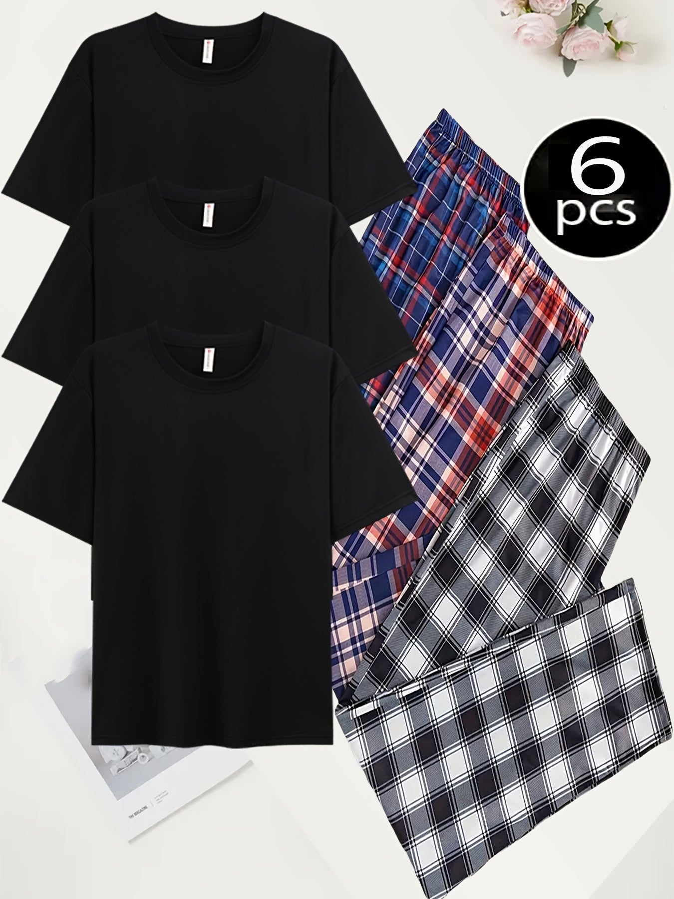 6pcs Men'S Loungewear Set 6pcs Soft And Comfortable Short Sleeve Plaid Trousers Multi Piece Loungewear Set 3 Sets Of Pajamas Short Sleeve Plaid Trousers Combo Set Elasticated Waist Can Be Worn Outside