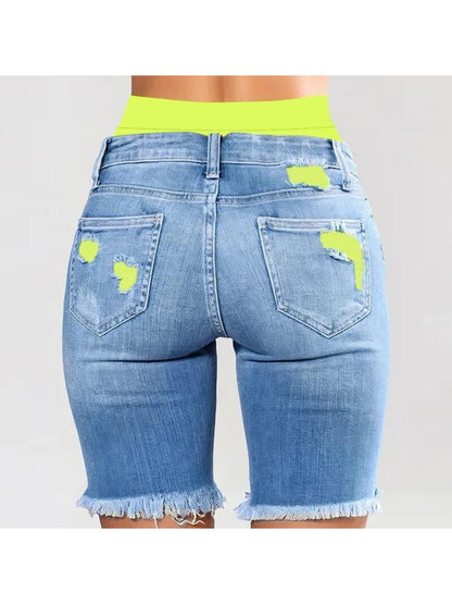 Denim Shorts, Color Block Printed Ripped Shorts/w Fitness Running Shorts
