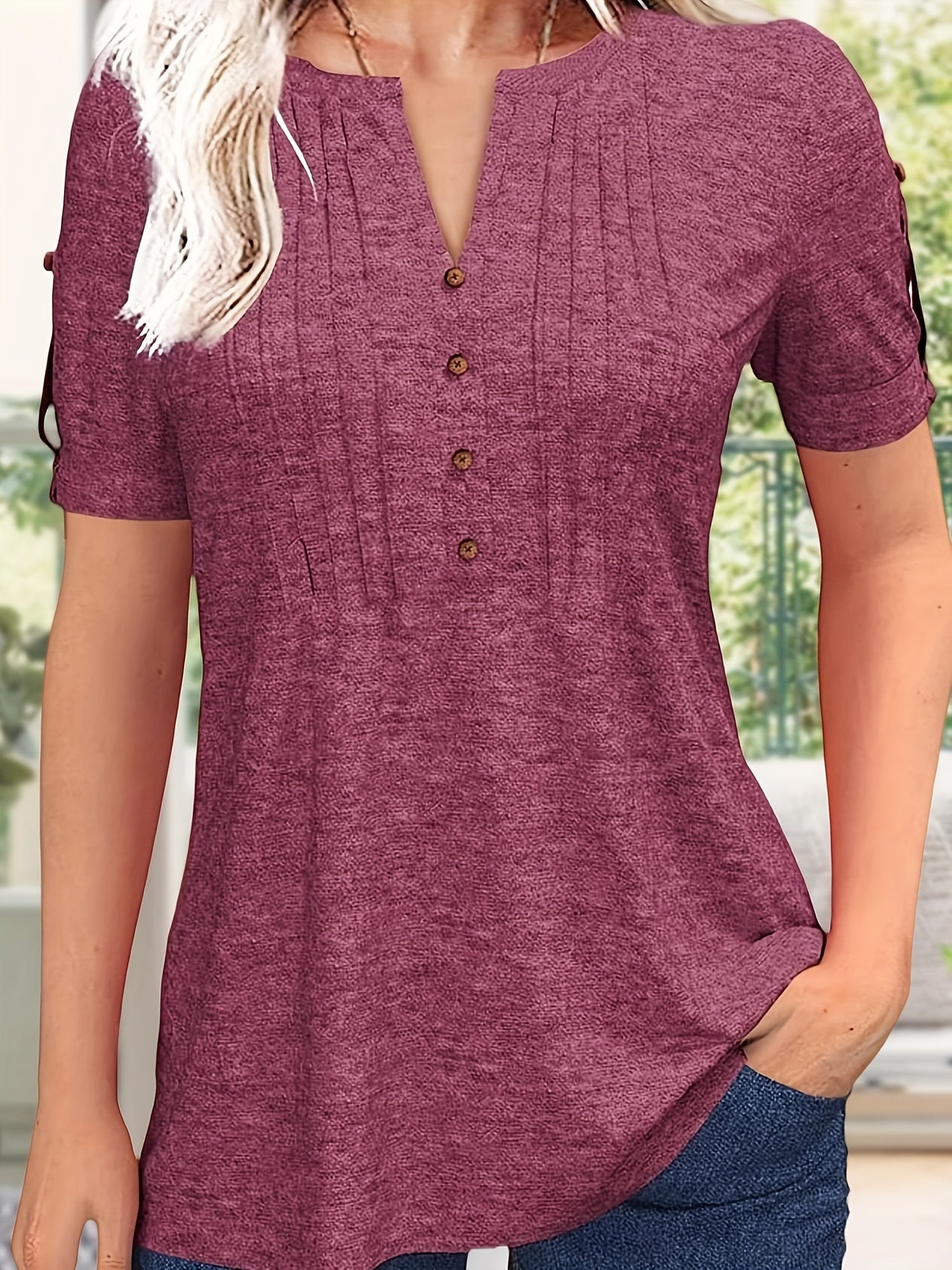 Women's Green Viscose V-Neck Pleated T-Shirt - product view 11