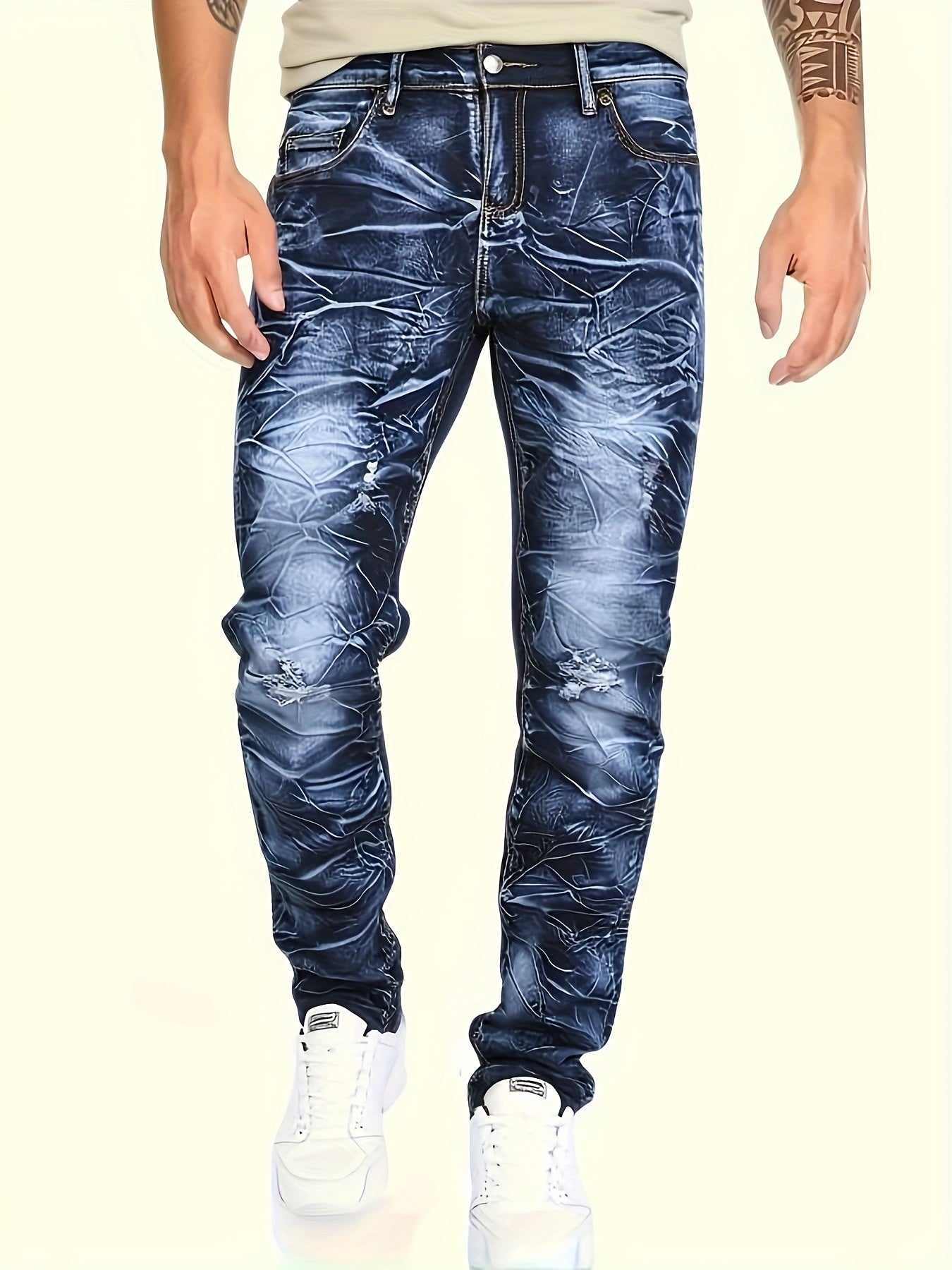 [HME] New Men's Slim-fit Straight Jeans for All Four Seasons, A Major Release for Spring And Autumn 2025, Featuring Floral And Lightning-washed Durability. Slim-fit Casual Pants, Versatile Korean Style Trendy Long Pants for Men's Outdoor Wear