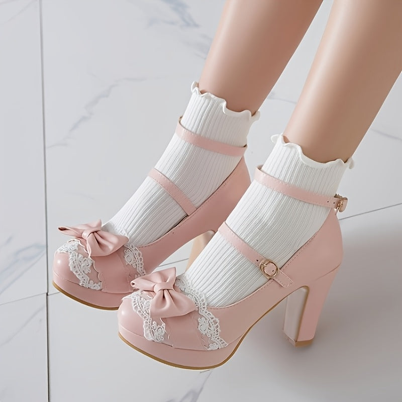 Elegant Women's Kawaii Mary Jane Pumps with Bow Tie & Lace Trim - Pink Block Heel Dress Shoes, Versatile Lolita Style for Parties & Work, Round Toe, Ankle Strap, Faux Cover Upper & Rubber Sole, Ladies Shoes Dressy