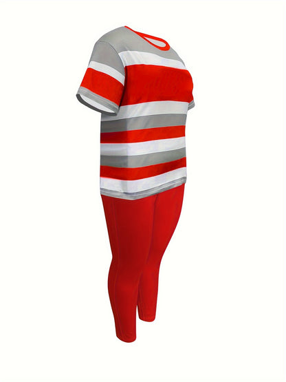 Plus Size Womens Casual Lash Sets Crew Neck Short Sleeve Top & Pocket Pants Outfit with Medium Stretch Random Printing And Machine Washable Perfect for Daily & Casual Scene