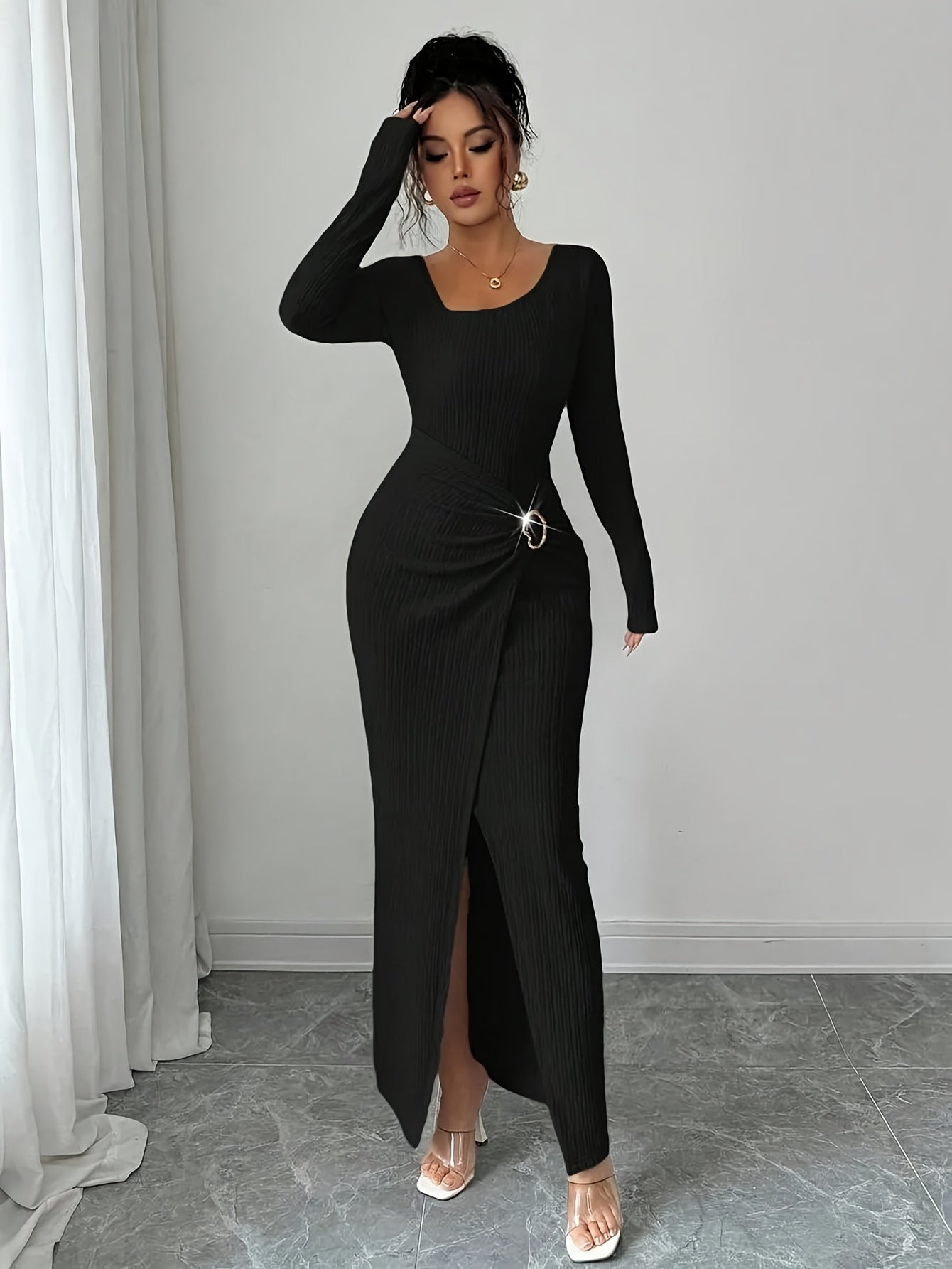 Women'S Solid Color Twisted Split Maxi Dress Asymmetrical Neck Slim Bodycon Fall Winter Elegant Fashion Dress