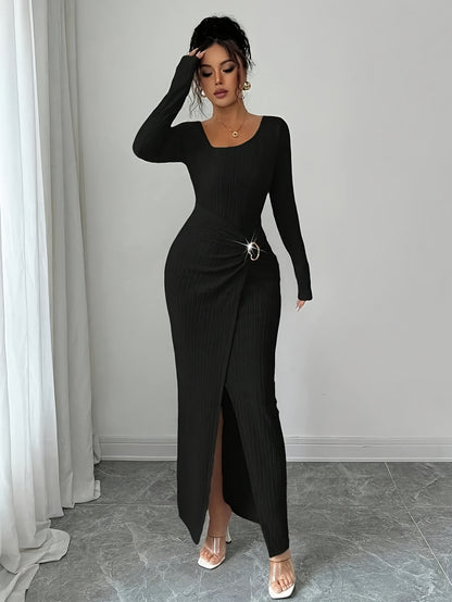 Women'S Solid Color Twisted Split Maxi Dress Asymmetrical Neck Slim Bodycon Fall Winter Elegant Fashion Dress